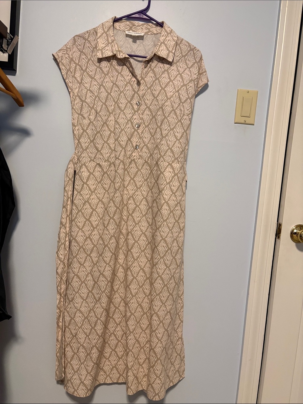 Lucky Brand Beige Leaf-Print Midi Shirt Dress